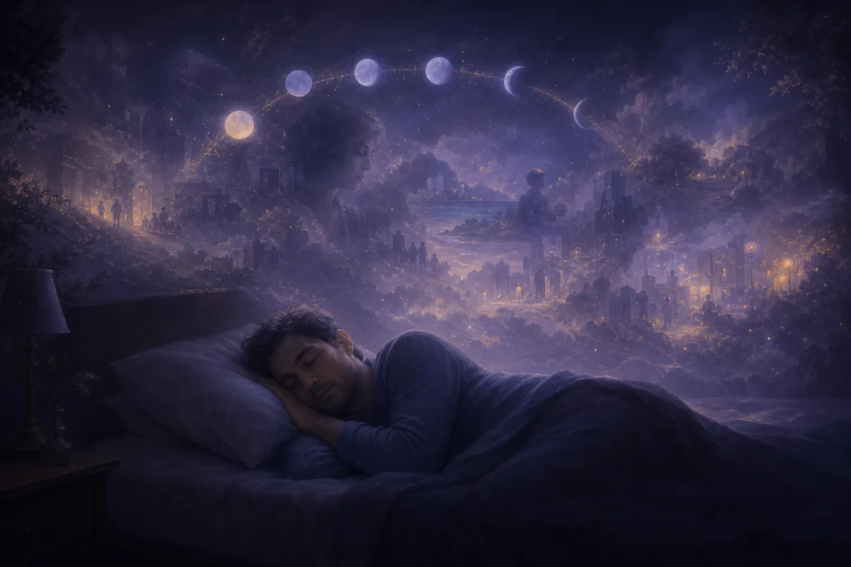 眠る人の周囲に記憶や感情の断片が浮かぶ幻想的な夜