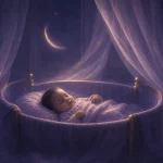 月明かりの静かな部屋で淡い布のゆりかごに眠る赤ちゃん
