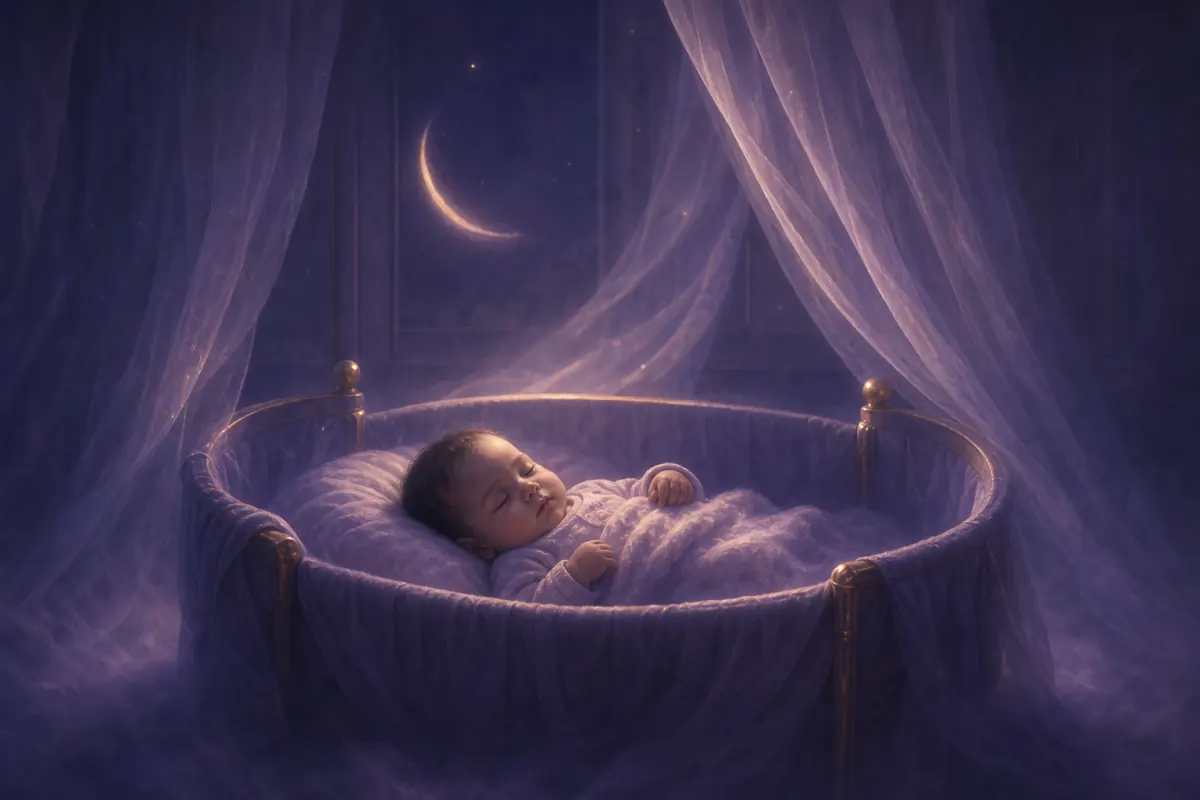 月明かりの静かな部屋で淡い布のゆりかごに眠る赤ちゃん