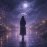 月夜の雨の庭道で透明な傘を差す人物