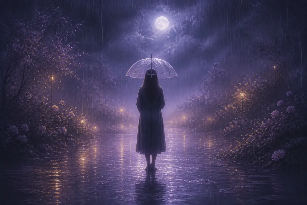 月夜の雨の庭道で透明な傘を差す人物