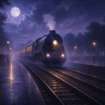 月夜の霧の駅に入ってくる電車