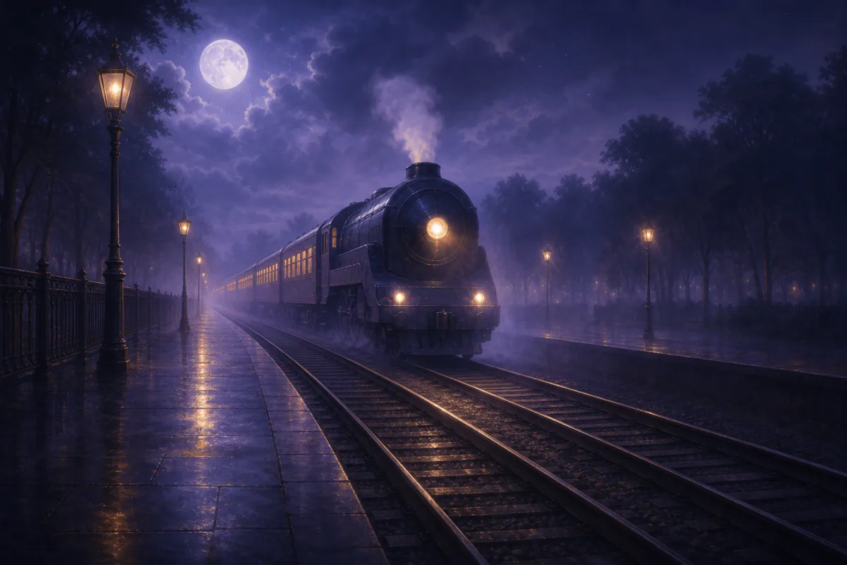 月夜の霧の駅に入ってくる電車