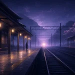 金色の灯りと紫の霧に包まれた夜の駅のホーム