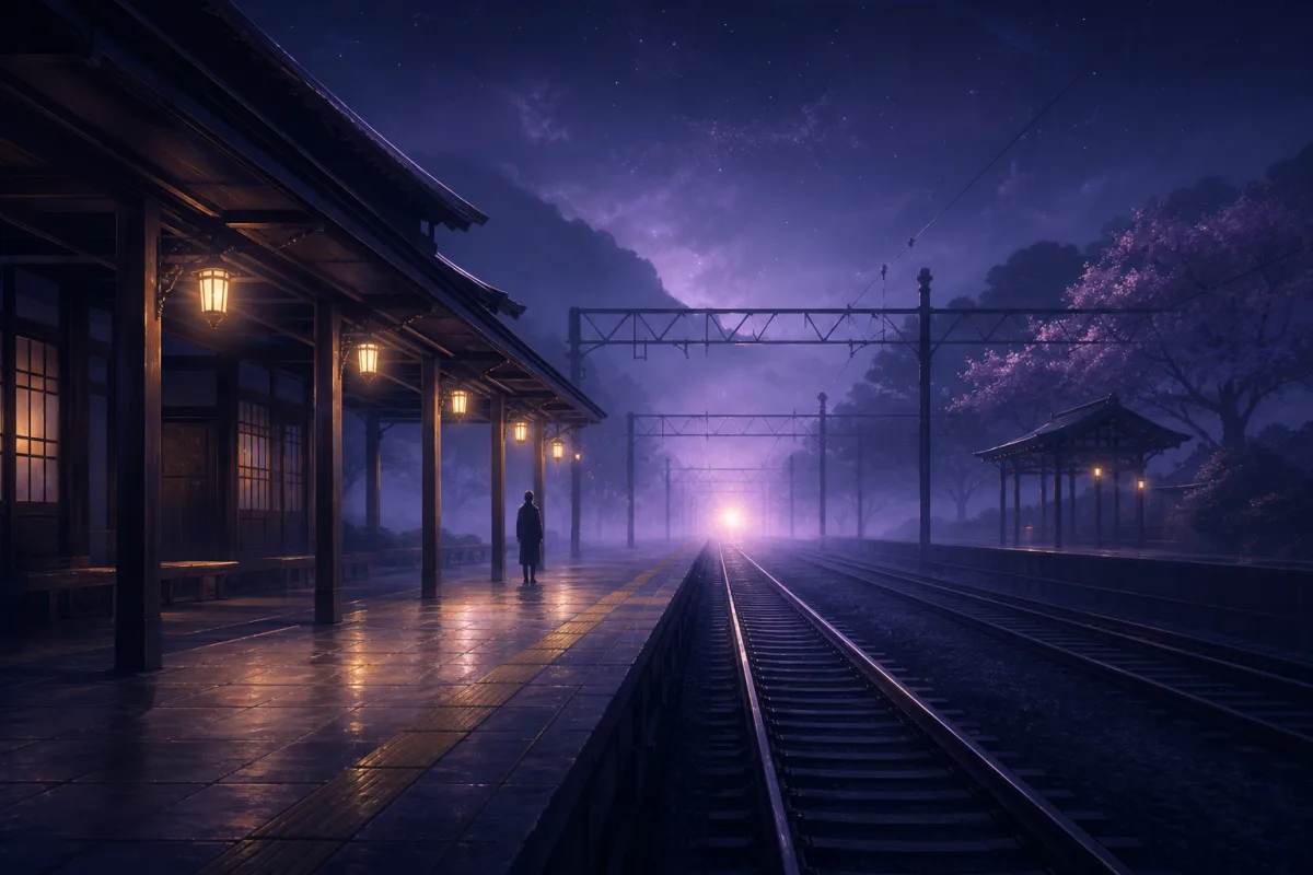 金色の灯りと紫の霧に包まれた夜の駅のホーム