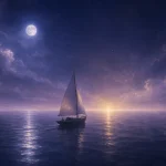 月夜の海を遠い光へ進む一隻の帆船