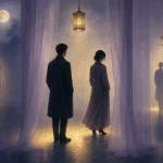 紫の薄幕で隔てられた三人が金色の光の中で距離を保つ夢景色