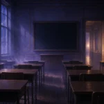 月夜の窓と空の机が並ぶ静かな学校の教室
