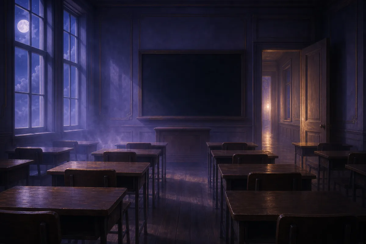 月夜の窓と空の机が並ぶ静かな学校の教室