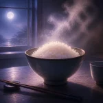 月明かりの食卓で湯気を立てる白いご飯の茶碗