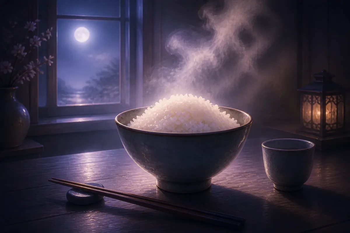 月明かりの食卓で湯気を立てる白いご飯の茶碗
