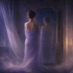 月夜の鏡の前でラベンダー色の布に全身を包んだ人物