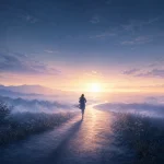 夜明けの光へ続く道を走る人物の後ろ姿