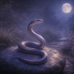 月夜の庭の石に穏やかにとぐろを巻く蛇