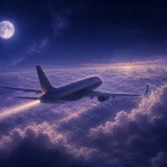 月夜の雲海の上を飛ぶ旅客機