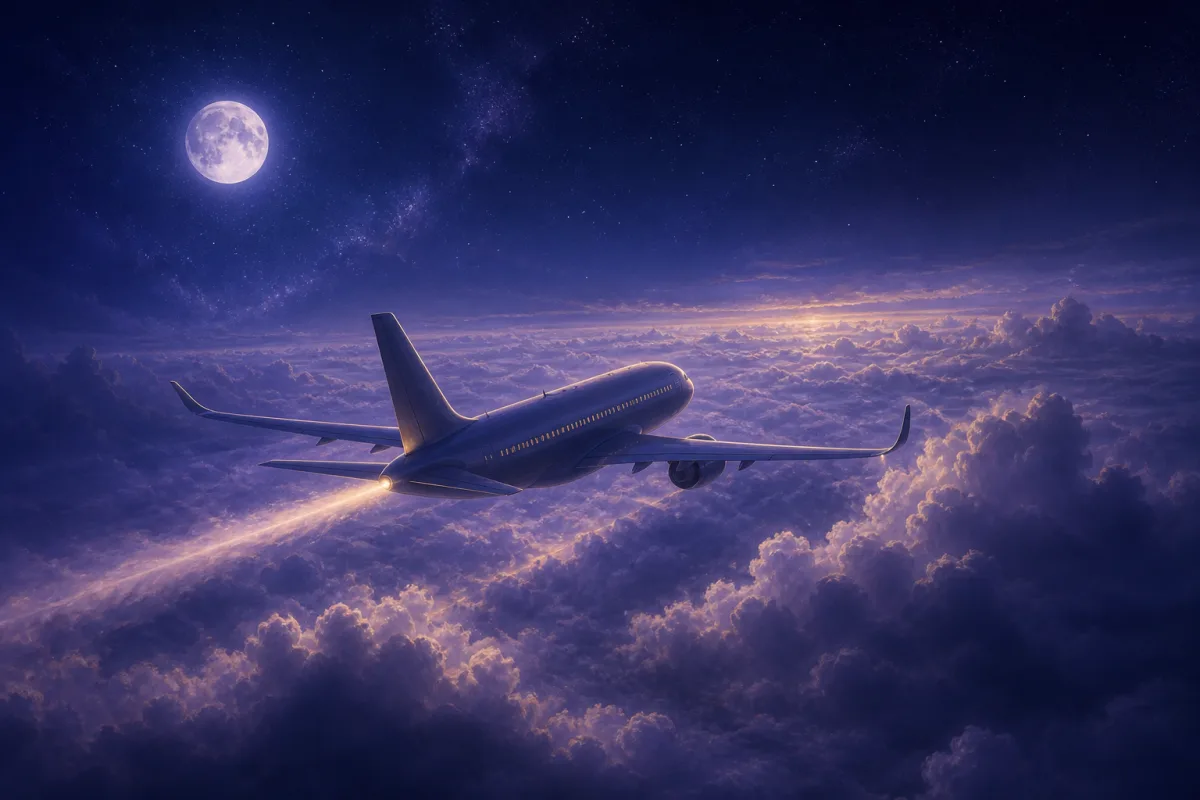 月夜の雲海の上を飛ぶ旅客機