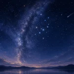 深い藍色の夜空にきらめく満天の星と流れ星
