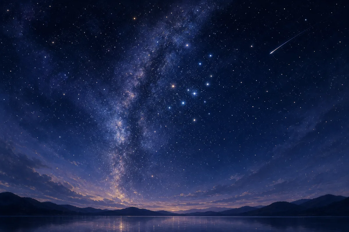 深い藍色の夜空にきらめく満天の星と流れ星