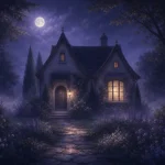 月夜の霧の庭に佇み窓に灯りがともる一軒家