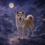 月明かりと紫の霧に包まれた庭で静かに立つ一匹の犬