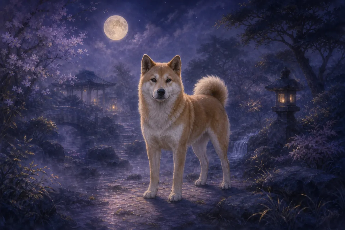 月明かりと紫の霧に包まれた庭で静かに立つ一匹の犬
