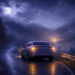 霧の山道で静かに停車しハザード灯をともす車