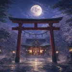 満月と紫の霧に包まれた鳥居の奥に静かにたたずむ神社