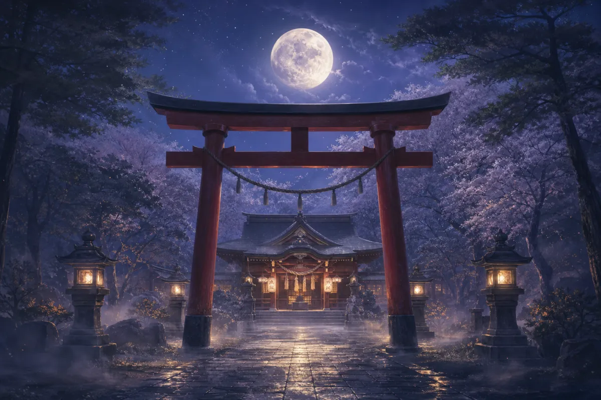 満月と紫の霧に包まれた鳥居の奥に静かにたたずむ神社