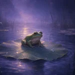 月明かりに照らされた蓮の葉の上に佇む緑の蛙