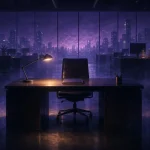 紫がかった夜の街を望む無人のオフィスと金色の灯りがともる机