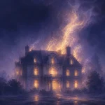 深い藍色の夜に、金色の炎と煙が立ち上る静かな屋敷