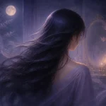 月明かりの部屋で紫の風になびく長い黒髪の人物の後ろ姿
