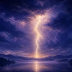 藍色の嵐雲から静かな湖へ伸びる一筋の金白色の稲妻
