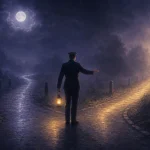 月夜の分かれ道で灯りを持ち安全な道を示す警察官