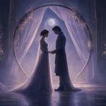 月明かりの式場で淡い布の下に向かい合う二人の静かな結婚風景