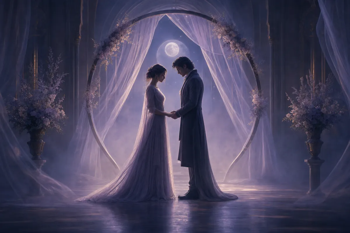 月明かりの式場で淡い布の下に向かい合う二人の静かな結婚風景