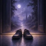 月夜の霧に続く道へ開いた扉の前にそろえられた革靴
