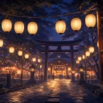 提灯の灯りが幻想的に輝く、夜の静かなお祭りの風景