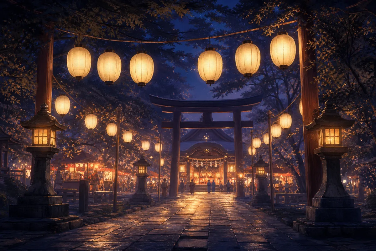 提灯の灯りが幻想的に輝く、夜の静かなお祭りの風景
