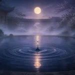 月明かりの静かな水面に一滴が落ち同心円の波紋が広がる光景