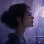 月明かりの部屋で目を閉じ頬に一粒の涙を流す人物の横顔
