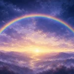雨上がりの紫の山並みと金色の地平線を大きくまたぐ一本の虹