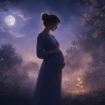 月明かりの庭でお腹に手を添えて静かに立つ妊娠中の大人