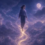 紫の雲間を金色の光に支えられながら静かに下降する人物の夢景色