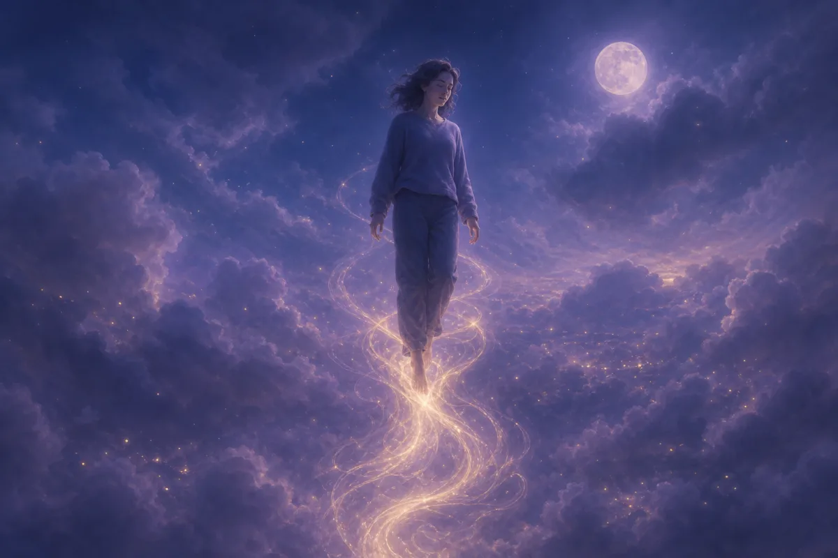 紫の雲間を金色の光に支えられながら静かに下降する人物の夢景色
