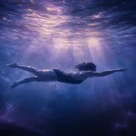 藍色の水中でラベンダーと金色の光を受けながら静かに泳ぐ人物