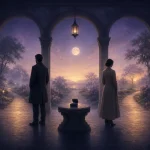 月夜の回廊で二つの道へ向き合う二人と中央の閉じた指輪箱