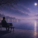 月明かりの湖畔で空いた席を残して一人静かに座る人物