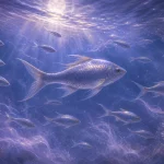 月明かりが揺れる藍色の水中を銀青色の魚の群れが泳ぐ夢景色