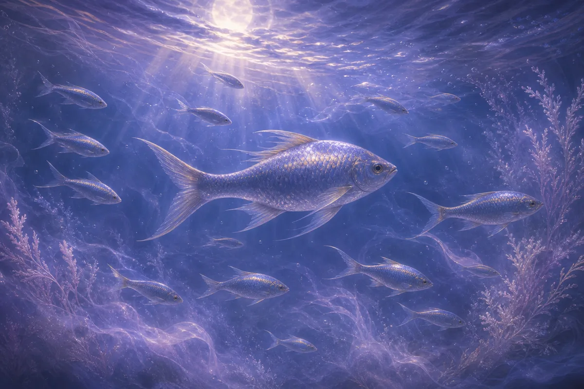 月明かりが揺れる藍色の水中を銀青色の魚の群れが泳ぐ夢景色
